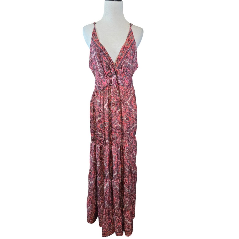 White Waves Pink Lace Up Back Tassel Tiered Maxi Dress Pockets Womens Size S/M